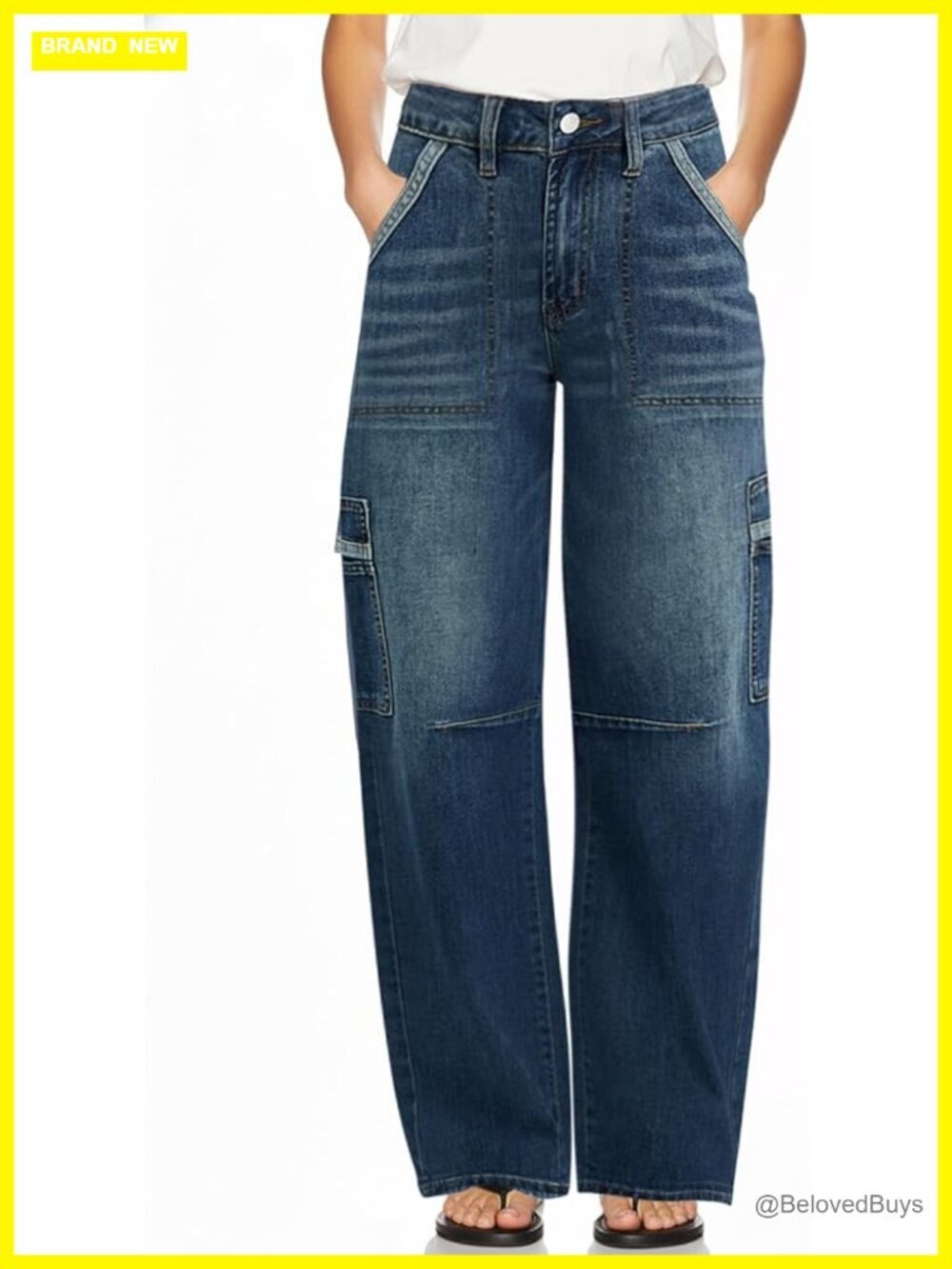 Women's Mid Rise Wide Leg Barrel Jeans Multi Pocket Stretch Denim